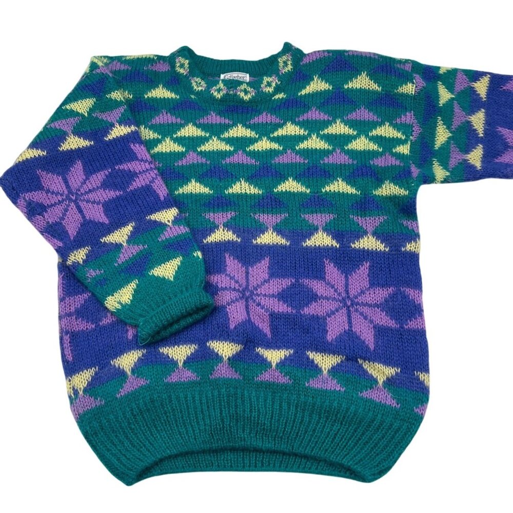 Vintage Gallagher Geometric Pattern Mohair & Acrylic Sweater Large Retro Aqua‎